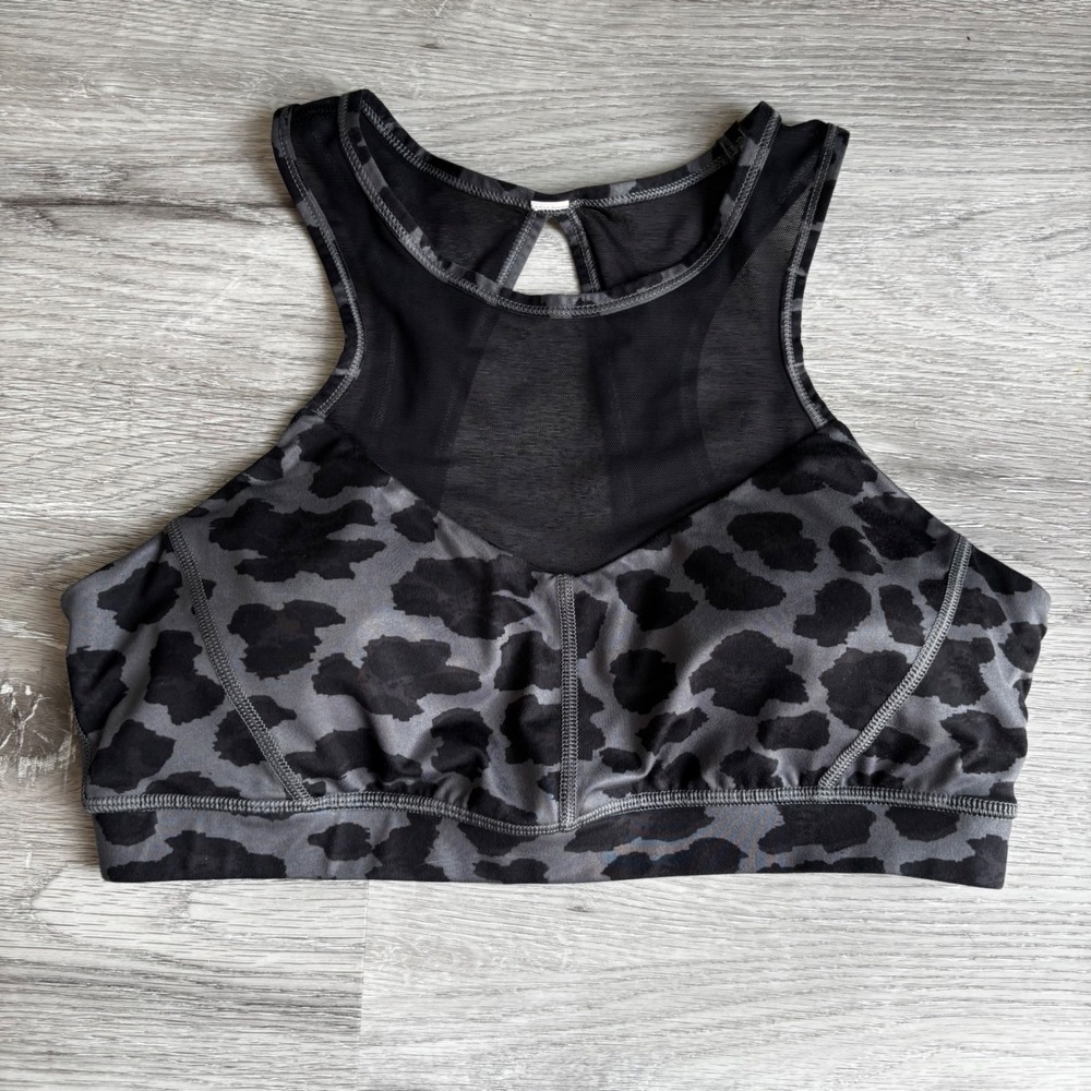 Lululemon Leopard Print Mesh‎ Racerback Sports Bra Black Grey Size 10